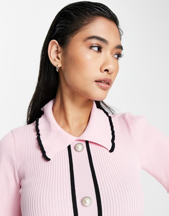 River Island Frill Edge Pearl Button Polo Top In Pink