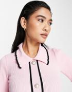 River Island Frill Edge Pearl Button Polo Top In Pink