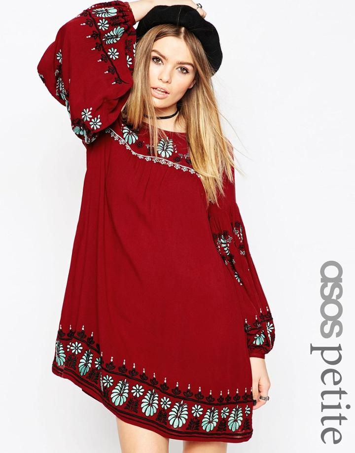 Asos Petite One Premium Embroidered Swing Dress - Red