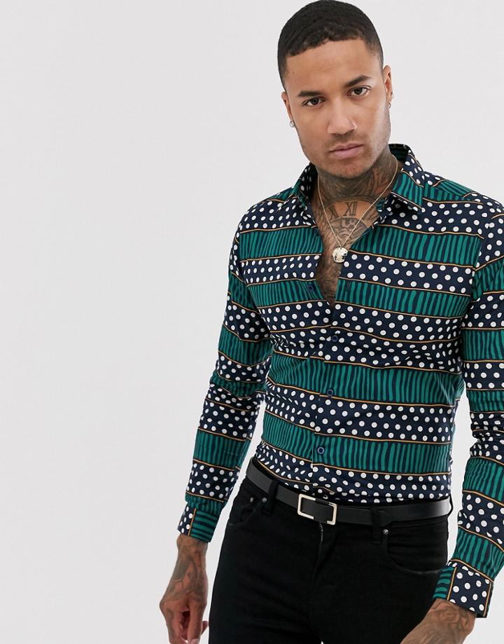 Devils Adovcate Dotted Stripe Print Slim Fit Shirt - Navy