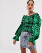 Asos Design Shirred Square Neck Top With Long Sleeve In Tiger Animal Print-multi