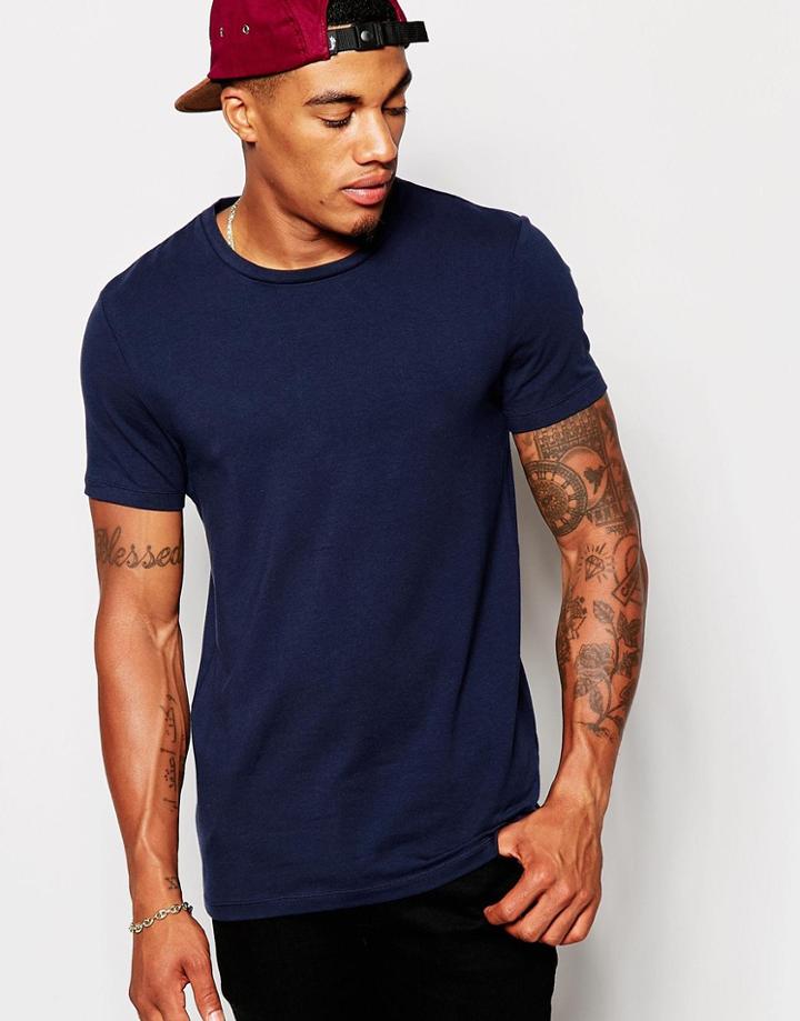 Asos Fitted Fit T-shirt With Crew Neck And Stretch - Navy