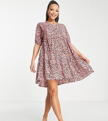 Pieces Tall Exclusive V Neck Smock Dress In Ditsy Foral-multi