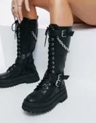 Public Desire Mari Chunky Knee Boots With Chain In Black