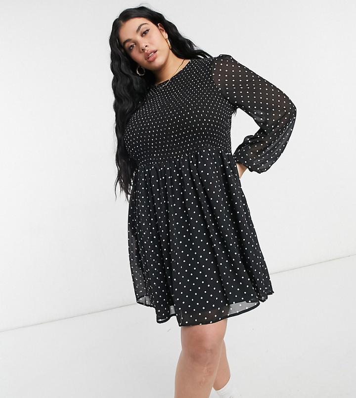 Asos Design Curve Shirred Mini Smock Dress In Spot-multi