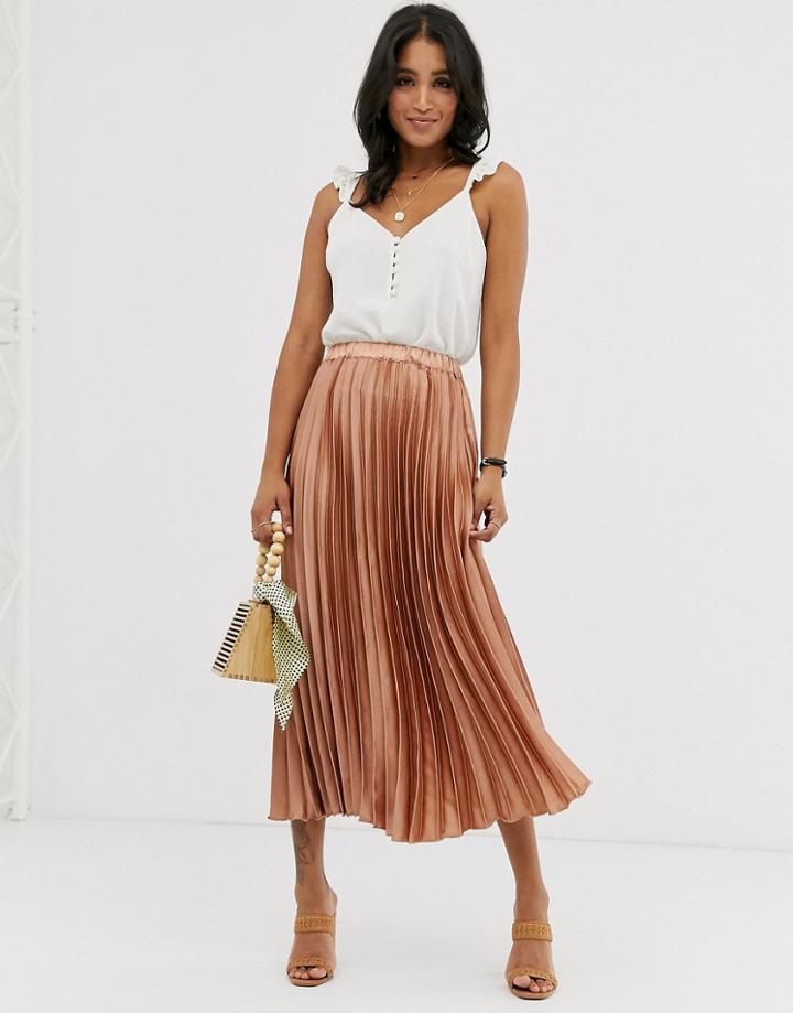 Asos Design Satin Pleated Column Midi Skirt-beige