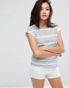 Esprit Stripe Slogan Sleeve T-shirt - White