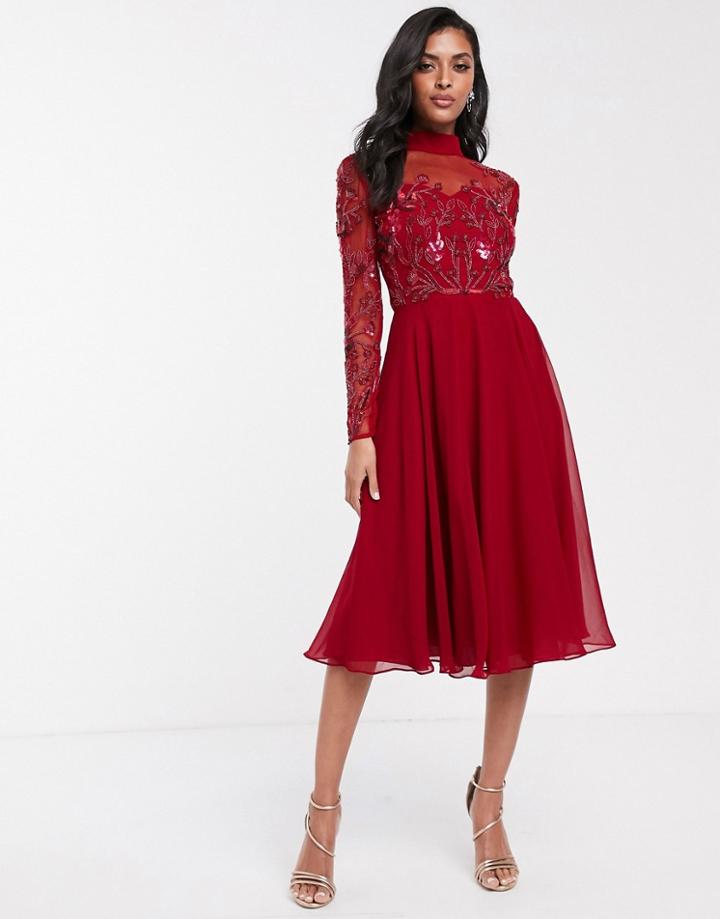 Virgos Lounge Long Sleeve Mesh Detail Skater Dress In Red
