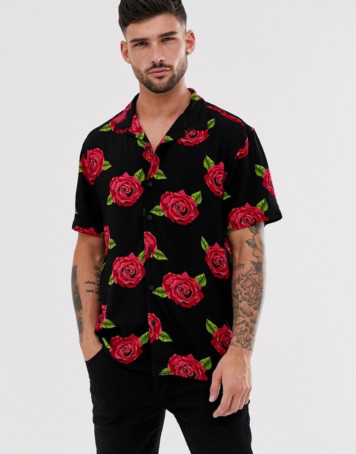 Brave Soul Roses Shirt With Revere Collar-black