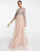 Maya Bridesmaid Long Sleeve Maxi Tulle Dress With Tonal Delicate Sequin In Muted Blush-neutral