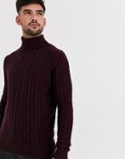 Asos Design Lambswool Cable Knit Roll Neck Sweater In Burgundy-red