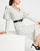Little Mistress Long Puff Sleeve Belted Midi Dress In Cream Polka Print-multi