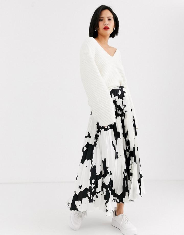 Asos Design Cow Print Satin Pleat Midi Skirt
