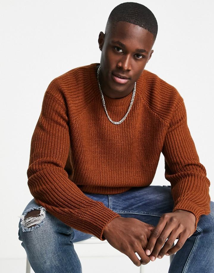 Threadbare Oversized Heavy Fisherman Knit Sweater In Auburn-brown