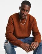 Threadbare Oversized Heavy Fisherman Knit Sweater In Auburn-brown