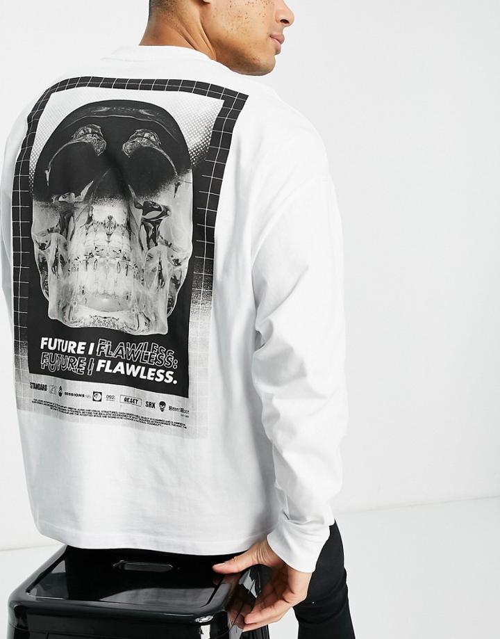 Asos Design Oversized Long Sleeve T-shirt In White With Photographic Skull Back & Chest Print