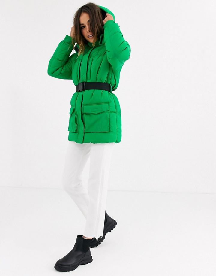 Brave Soul Tayla Belted Padded Coat-green