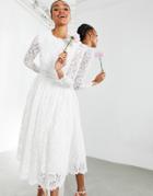 Asos Edition Kate Crop Top Lace Midi Wedding Dress-white