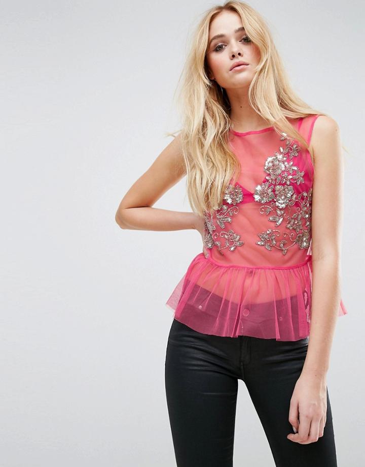 Asos Top In Mesh With Pep Hem & Sequin Detail - Pink