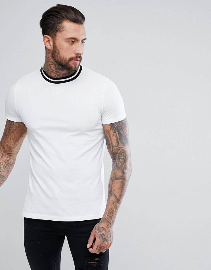 Asos T-shirt With Contrast Tipping In Pique In White - White