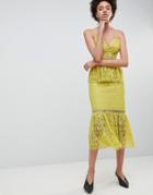 Asos Design Peplum Hem Lace Pencil Dress With Delicate Trim - Yellow