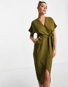 Closet London Kimono Wrap Dress In Olive Green