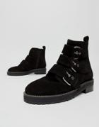 Office Artillery Chunky Black Suede Three Buckle Boots - Black
