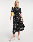 New Look Ruched Sleeve Tiered Midi Dress In Black & Lilac Ditsy Floral