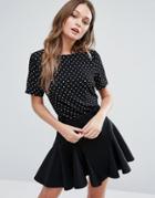New Look Polka Dot Tie Front Shell Top - Black