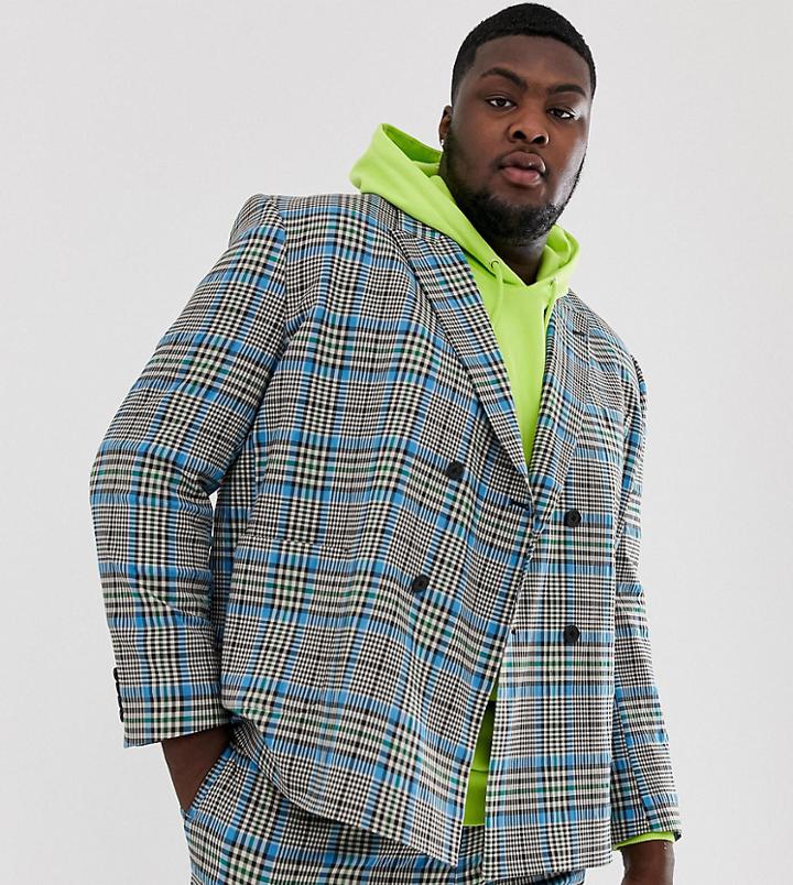 Asos Design Plus Boxy Suit Jacket With Color Pop Check - Gray