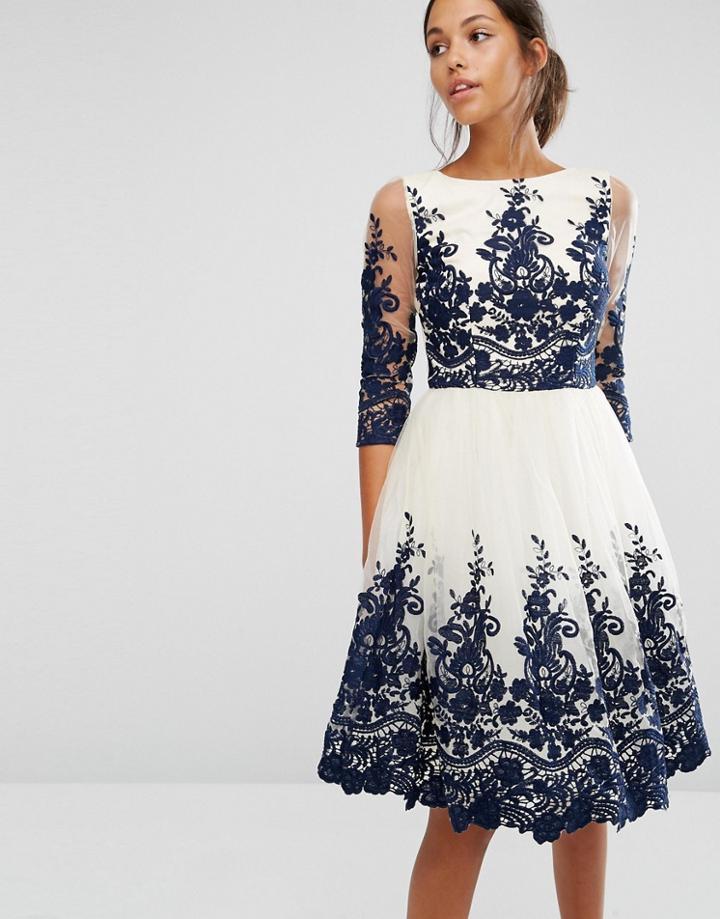 Chi Chi London Premium Lace Midi Dress With 3/4 Sleeve - Cream