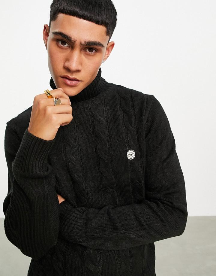 Le Breve Heavy Cable Knit Roll Neck Sweater In Black