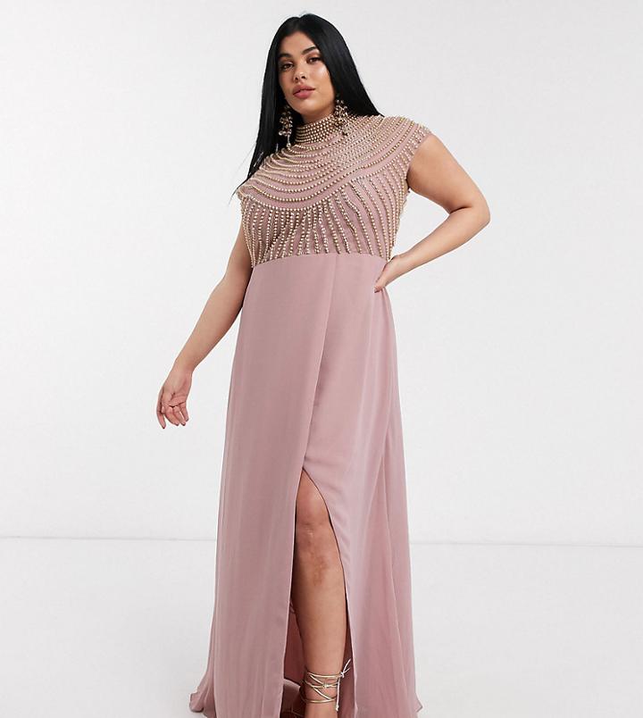 Asos Design Curve Maxi Linear Embellished Bodice Dress With High Neck And Wrap Skirt-multi