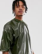 Asos Design Oversized T-shirt With Half Sleeve In Wetlook Fabric With Bungee Cord - Green