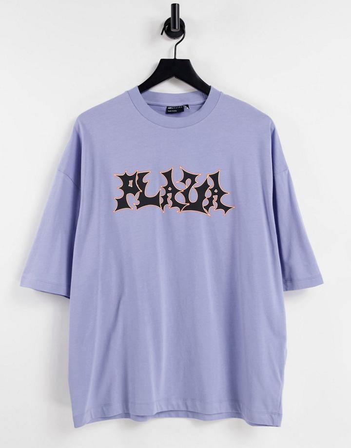 Asos Design Oversized T-shirt In Blue With Plaza Graffiti Print-purple