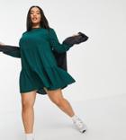 Asos Design Curve Long Sleeve Tiered Smock Mini Dress In Forest Green