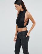 Love High Neck Tie Back Top With Lace Detail - Black