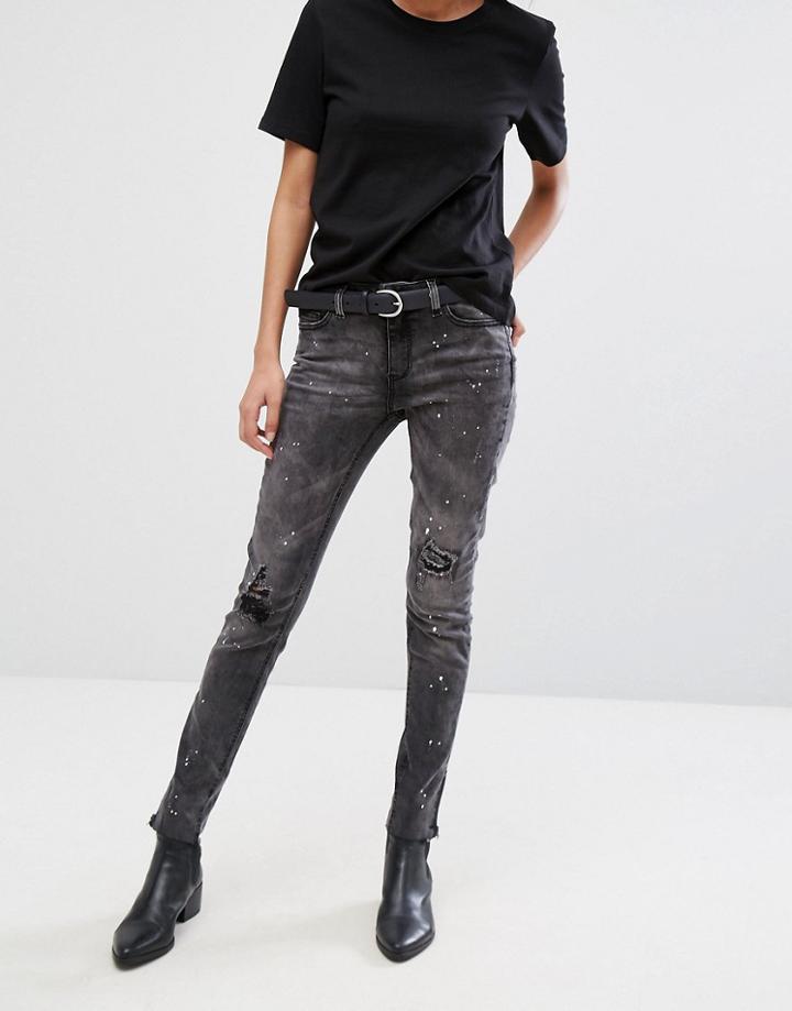 Pieces Rika Raw Hem Skinny Jeans - Gray