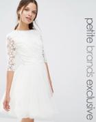 Chi Chi London Petite 3/4 Sleeve Lace Top Skater Dress With Chiffon Skirt - Cream