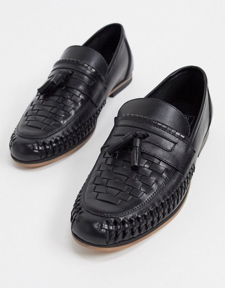 Asos Design Loafers In Woven Black Leather With Tassel Detail