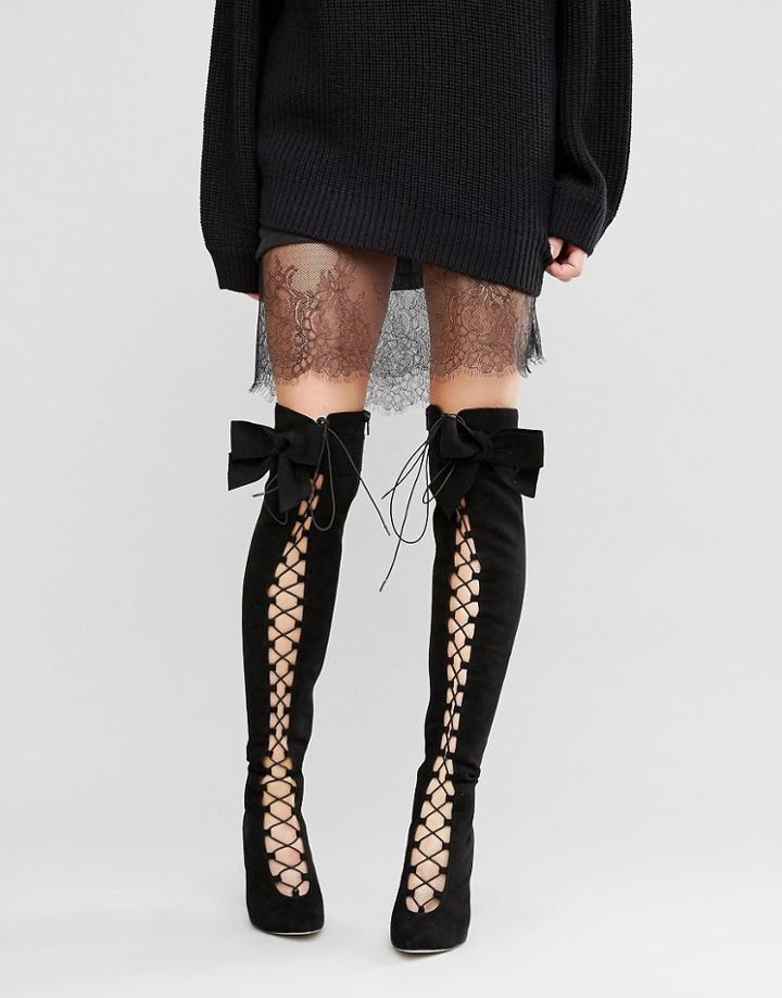 Asos Kari Bow Lace Up Over The Knee Boots - Black