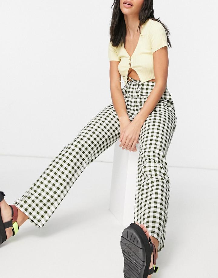 Asos Design Straight Leg Pull On Poplin Pant In Khaki Gingham-green