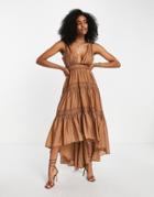 Asos Design High Low Hem Midi Dress In Chocolate With Paneled Detail-brown