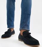 Asos Design Wide Fit Tassel Loafers In Navy Suede With Natural Sole - Navy