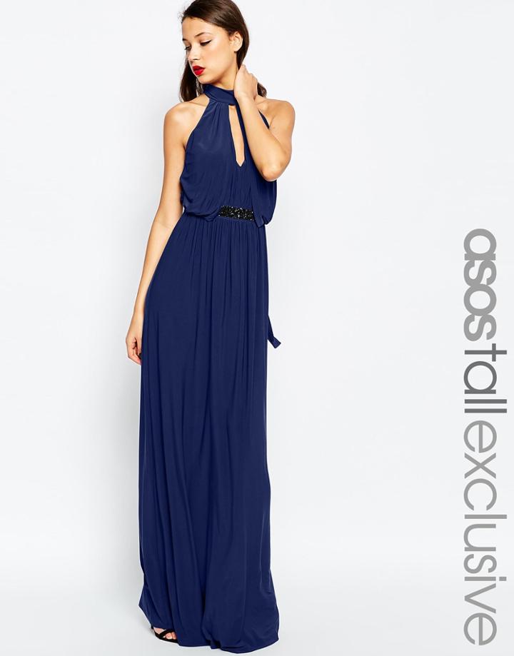 Asos Tall Halter Plunge Maxi Dress With Embellished Waist - Green