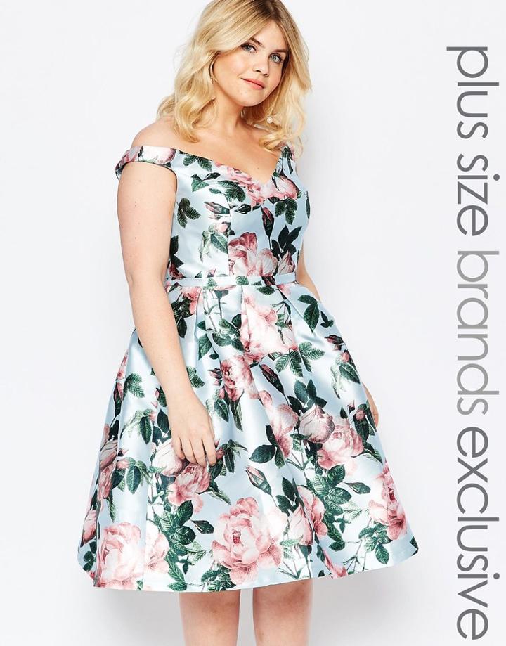 Chi Chi London Plus Bloom Printed Bardot Prom Dress - Blue