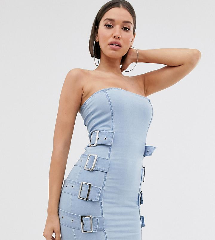 Liquor N Poker Belt Detail Denim Bandeau Dress - Blue