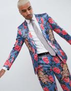 Asos Edition Skinny Suit Jacket In Blue Floral Print With Tiger Patches