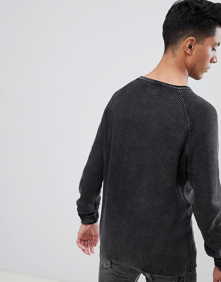 Threadbare Washed Faded Waffle Sweater - Black