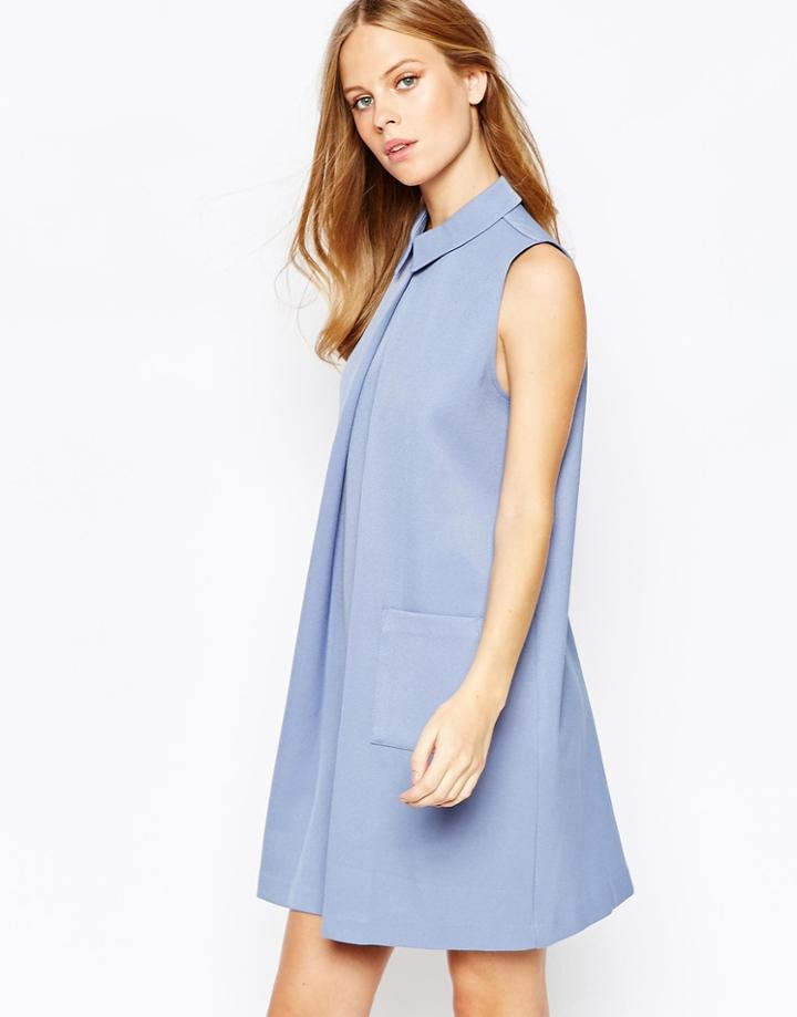 Lost Ink Pleat Aline Dress With Collar - Light Blue